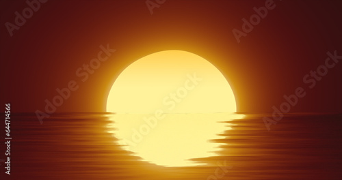 Abstract orange sun over water and horizon with reflections background
