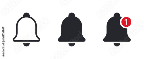 Notification bell icon set, incoming inbox message sign alarm symbol, line outline flat notification reminder icons collection. vector illustration	