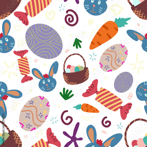 Cute hand drawn Easter seamless pattern with bunnies, flowers, easter eggs, beautiful background, great for Easter Cards, banner, textiles, wallpapers - vector design © MUH