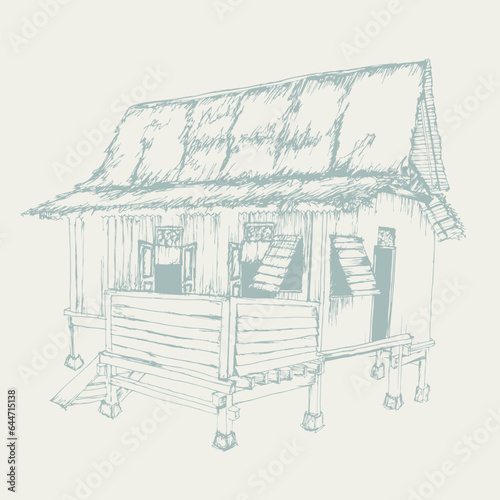 Vector hand drawn sketch illustration of a traditional malay hut house in pastel colour. For postcard, banner, social media