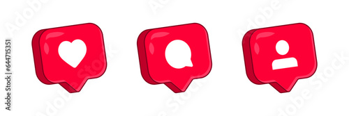 like, love, comment, follower icon, social media notification icons in speech bubble - like chat bubbles social network post reactions collection set. 3d vector illustration