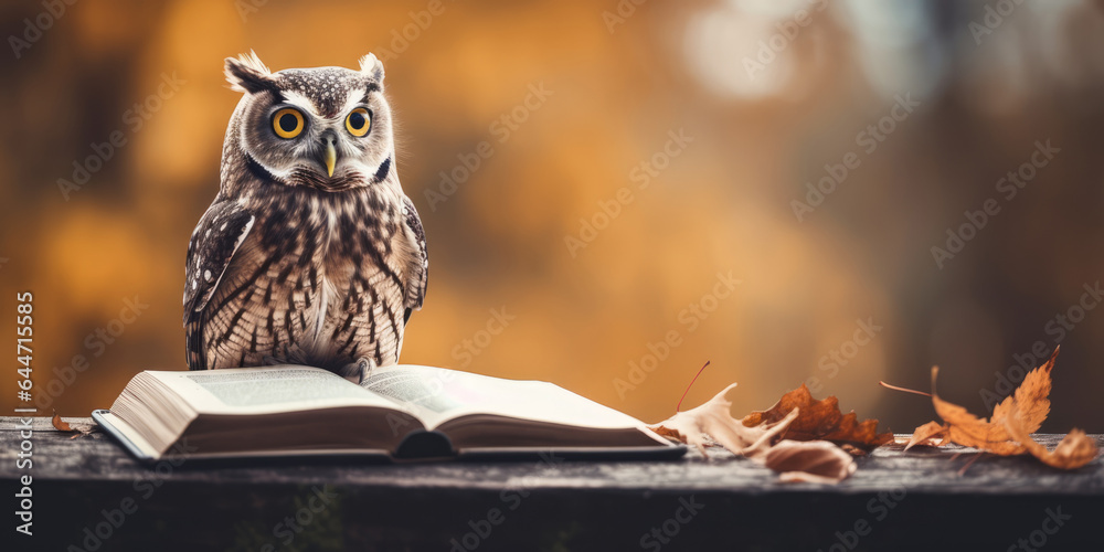 custom made wallpaper toronto digitalWise Owl and Open Book. Owl and open book and fallen autumn leaves on a wooden table outdoor in autumn background