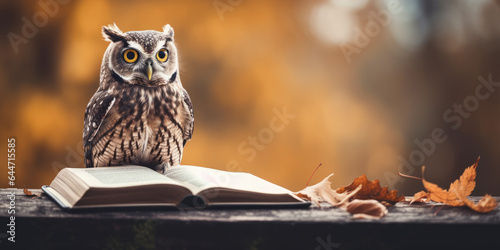 Wallpaper Mural Wise Owl and Open Book. Owl and open book and fallen autumn leaves on a wooden table outdoor in autumn background Torontodigital.ca