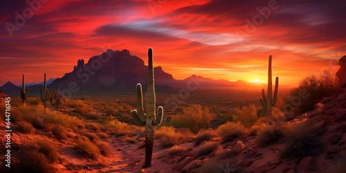 Cactus Landscape In Phoenix At Sunset Background