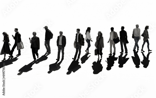 Silhouettes of walking people on white background. Front view.