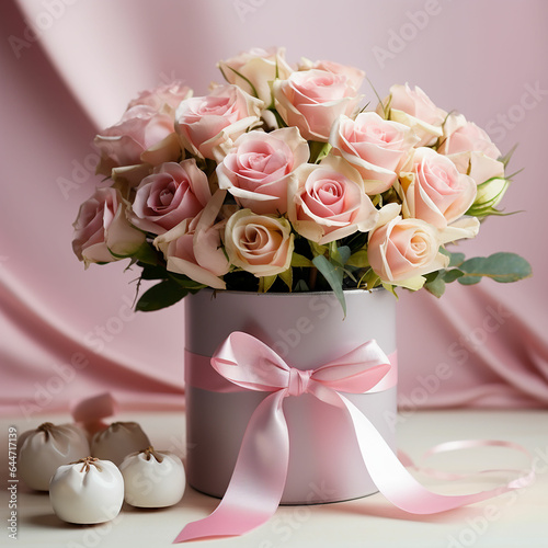 Beautiful bouquet flowers pink roses in vase and gift box with satin bow on pastel pink background table. Birthday  Wedding  Mother s Day  Valentine s day  Women s Day.  Made with generative ai