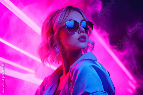 portrait of a stylish young girl in close-up, a girl with blonde hair wearing glasses, fashionable clothes, a jacket in smoke under neon lighting
