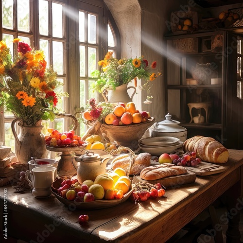 A Table of Abundance in a Sunlit Rustic Kitchen. Generative AI 2