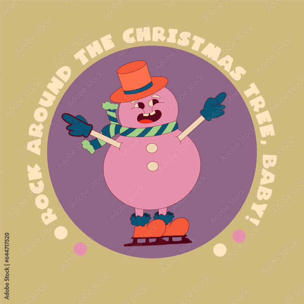 Retro Groovy christmas poster with snowman and text. Groovy character vintage card. Holiday poster with comic face. Cartoon vector illustration