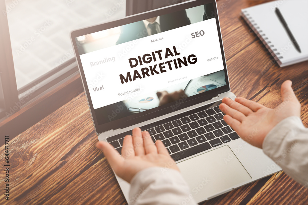 Digital online marketing technology concept. Businessman using Digital marketing on Laptop and data analysis, online media, SEO, Viral, Content Marketing, business strategy, Online advertisement. Digital online marketing technology concept. Businessman using Digital marketing on Laptop and data analysis, online media, SEO, Viral, Content Marketing, business strategy, Online advertisement.