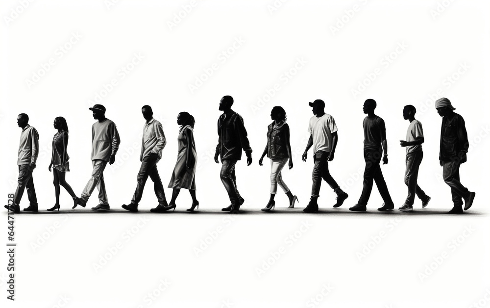 Silhouettes of walking black people on white background. Front view.