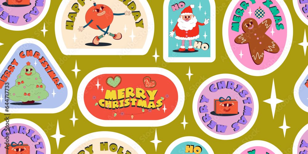 Groovy Christmas sticker pattern with funny comic characters. Seamless pattern retro cartoon for holiday. Sticker groovy with snata, ball character. Vector illustartion
