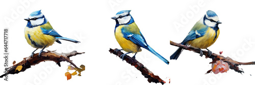A blue tit with summer feathers perches on a branch alone in the woods transparent background