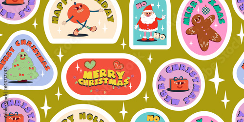 Groovy Christmas sticker pattern with funny comic characters. Seamless pattern retro cartoon for holiday. Sticker groovy with snata  ball character. Vector illustartion