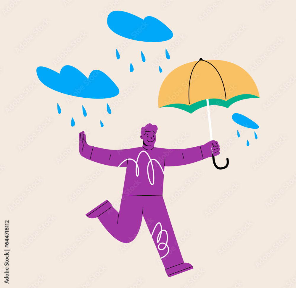Fototapeta premium Positive thinking, protection from depression or anxiety, man wellbeing and lifestyle concept, young adult happy man holding umbrella dancing in the raining cloud. Vector illustration