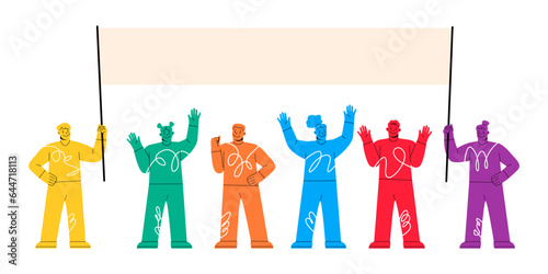 Group of men and women standing together and holding blank banner. Male and female protesters or activists. Vector illustration