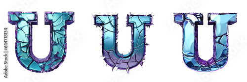 Broken shattered font letter U in blue with smooth shiny finish purple beveled edge outline effect transparent background with clipping path