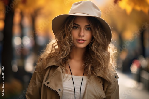 Autumn lifestyle, pretty caucasian young woman wearing stylish clothes in park at daytime looking at camera, model in hat and coat