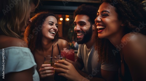 Multiracial friends celebrating party drinking cocktails at bar restaurant  Young people having fun on weekend day. Life style concept with guys and girls enjoying together. generative AI