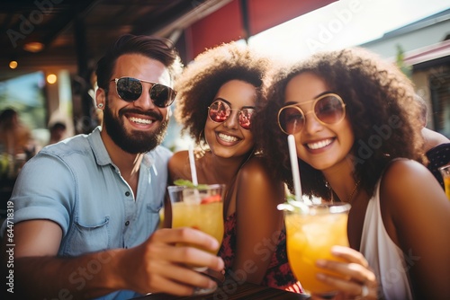 Multiracial friends celebrating party drinking cocktails at bar restaurant, Young people having fun on weekend day. Life style concept with guys and girls enjoying together. generative AI