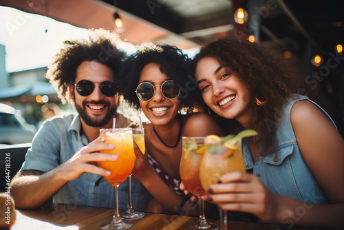Multiracial friends celebrating party drinking cocktails at bar restaurant, Young people having fun on weekend day. Life style concept with guys and girls enjoying together. generative AI