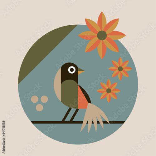 bird on tree in a simple colorful modern flat style