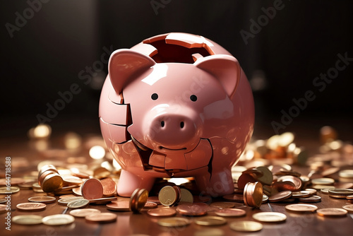Financial crisis, broken piggy bank depicting bankruptcy, loss of investment and the economic stress.