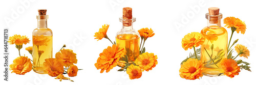 Calendula flower in a bottle of marigold oil on a transparent background