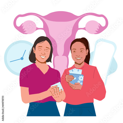 two women bestfriend giving menstruation pad in flat illustration