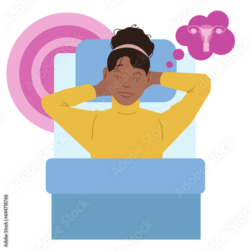 woman having period cramps lay in bed in flat illustration