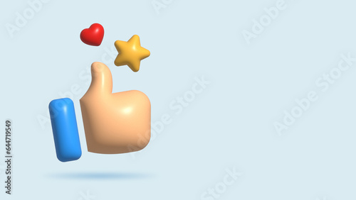 3D illustration thumb up hand for success or good feedback. Positive concept love and like symbol.