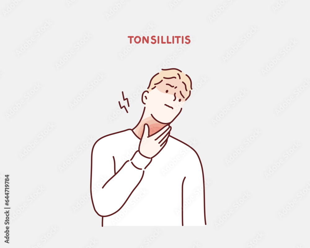 Unhappy sick man touching neck feeling pain while swallowing, result of chocking, throat inflammation, sore throat. Hand drawn style vector design illustrations. Unhappy sick man touching neck feeling pain while swallowing, result of chocking, throat inflammation, sore throat. Hand drawn style vector design illustrations.