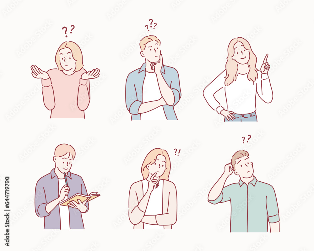 Collection of portraits of thoughtful people. Bundle of smart men and women thinking or solving problem. Hand drawn style vector design illustrations. Collection of portraits of thoughtful people. Bundle of smart men and women thinking or solving problem. Hand drawn style vector design illustrations.