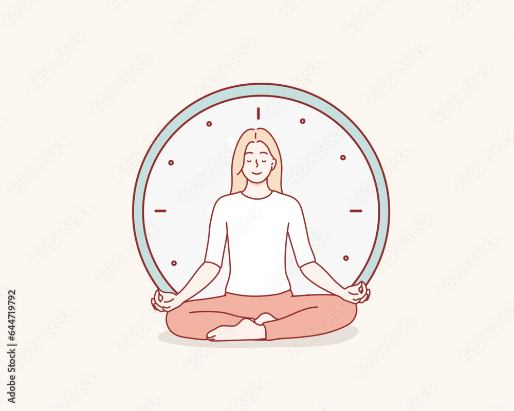 Calm person meditating near clocks and finding balance.Young woman sitting in lotus pose and practice deep breathing or Yoga. Hand drawn style vector design illustrations.