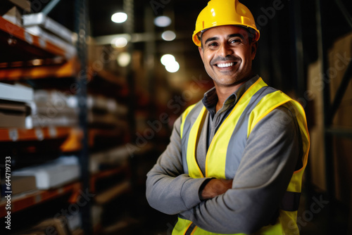 Young professional warehouse worker managing stock boxes with confidence and a smile   portrait of a man in an industrial occupation © remake