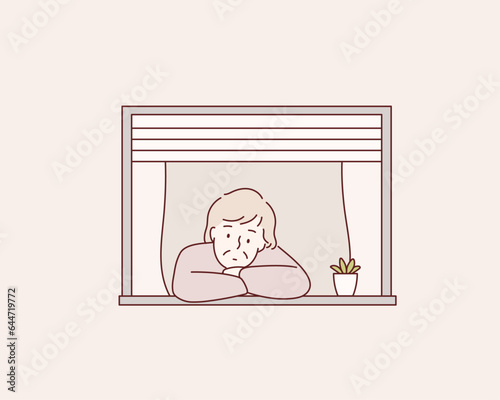 lderly people looking out the window. Hand drawn style vector design illustrations.