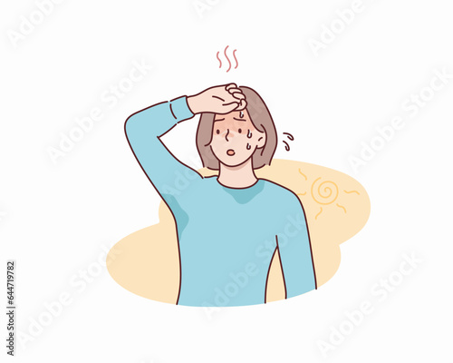 Young woman at outdoor with hot sun light has a risk to have Heat stroke. Symptoms such as high body temperature, sweat, perspire, headache. Hand drawn style vector design illustrations.