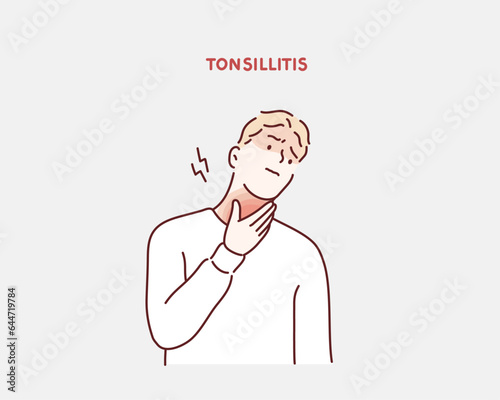 Unhappy sick man touching neck feeling pain while swallowing, result of chocking, throat inflammation, sore throat. Hand drawn style vector design illustrations.