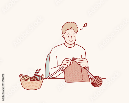 man knit. Knitting clothes, man relaxing in big chair. Hand drawn style vector design illustrations.