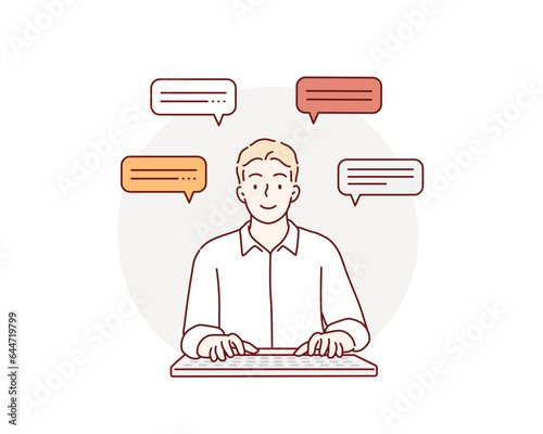 Working at a computer. A man  sitting in front of a monitor and typing on a keyboard, front view. Hand drawn style vector design illustrations.