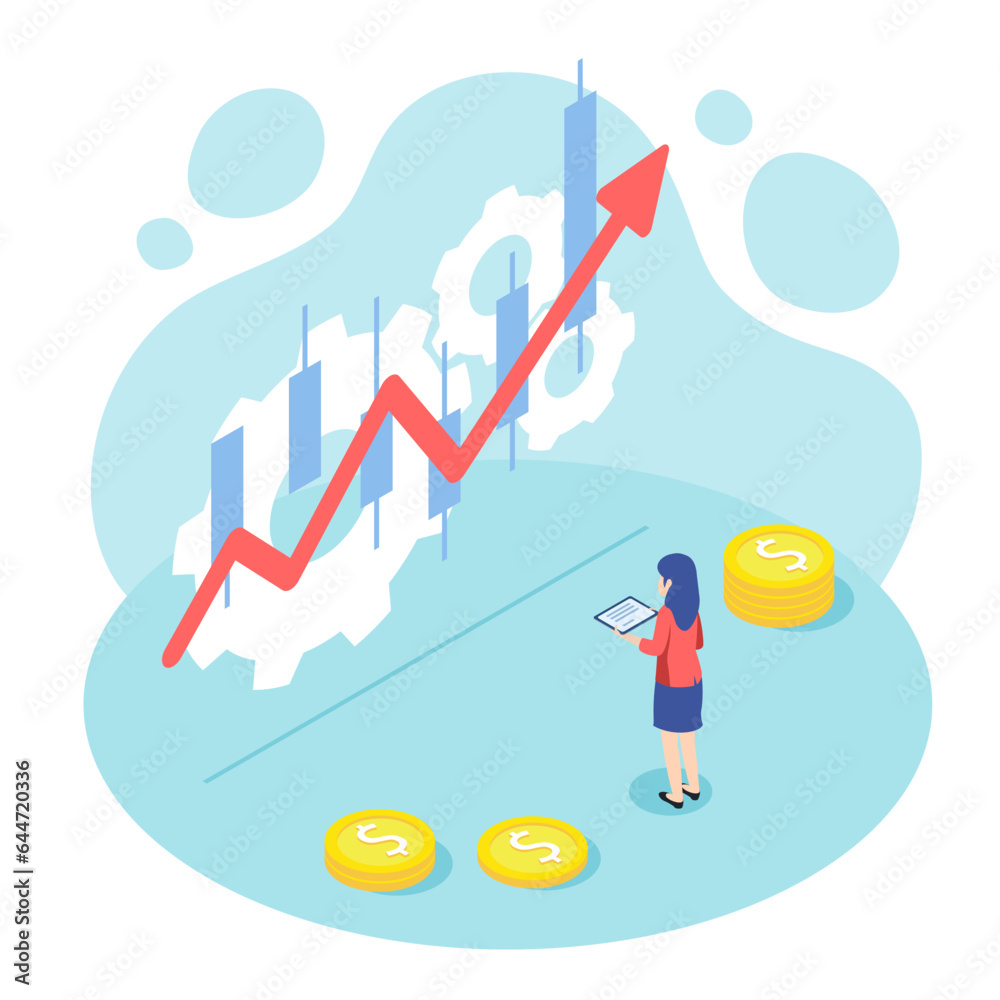 Businessman making plans Investing, Calculating Benefits on Laptop devices on white background. Vector illustration isometric cartoon flat design. Businessman making plans Investing, Calculating Benefits on Laptop devices on white background. Vector illustration isometric cartoon flat design.