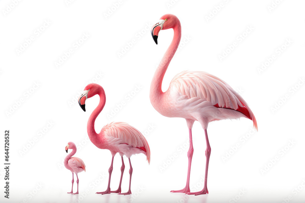 Obraz premium Image of family group of flamingo on white background. Bird. Wildlife Animals. Illustration, Generative AI.