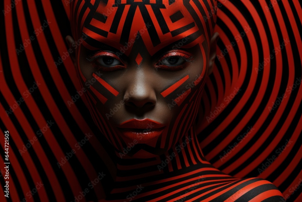 A stunning art portrait of a woman with vibrant black and red stripes painted across her face captures the intensity of her emotion and boldly expresses her unique style A stunning art portrait of a woman with vibrant black and red stripes painted across her face captures the intensity of her emotion and boldly expresses her unique style