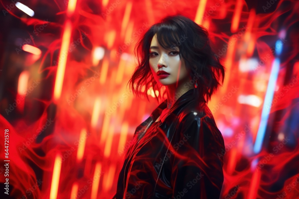 A mysterious woman in a maroon and red anime-inspired black jacket stands out against the crowd, exuding confidence and poise A mysterious woman in a maroon and red anime-inspired black jacket stands out against the crowd, exuding confidence and poise