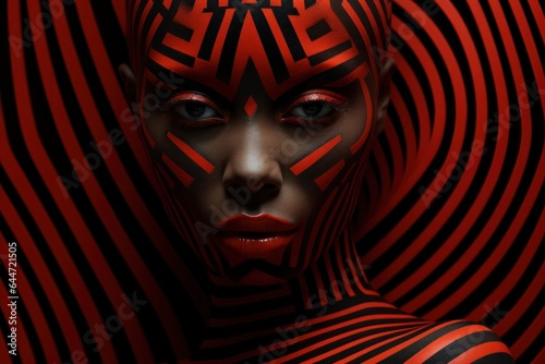 A stunning art portrait of a woman with vibrant black and red stripes painted across her face captures the intensity of her emotion and boldly expresses her unique style