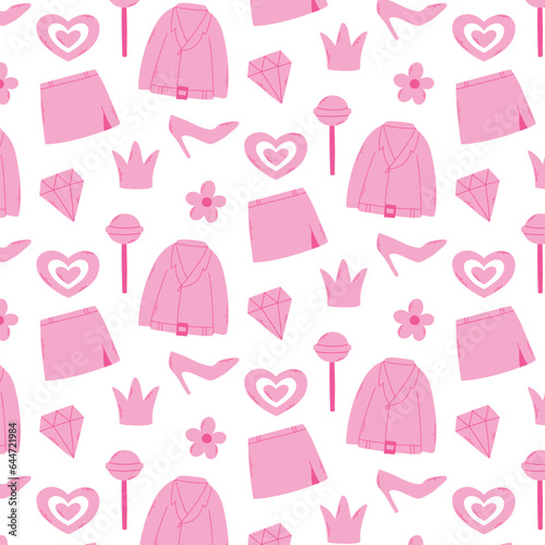 Seamless pattern barbicore. Vector illustration. Pink print with clothes. shoes.