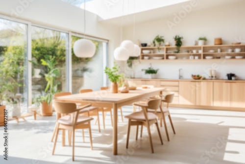 Blurred background material of dining room with natural wooden furniture
