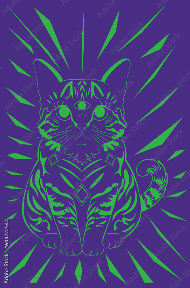 Fototapeta premium Lineart tabby cat with third eye
