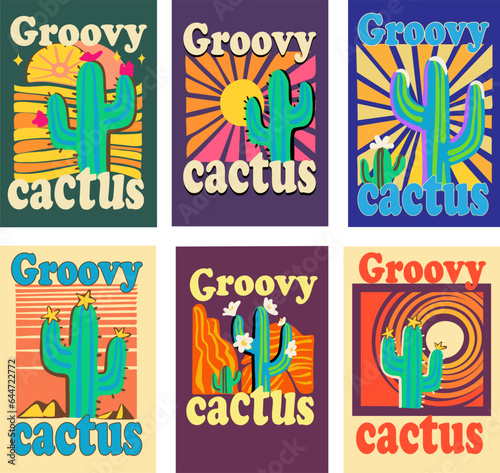 Set design Groovy cactus for posters, t-shirts 70s hippie