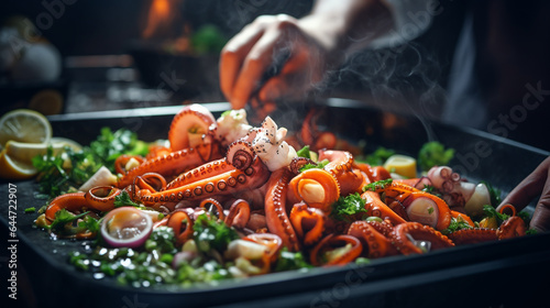 Cooking octopus with vegetables and spices. The chef is preparing food. Close-up side view.